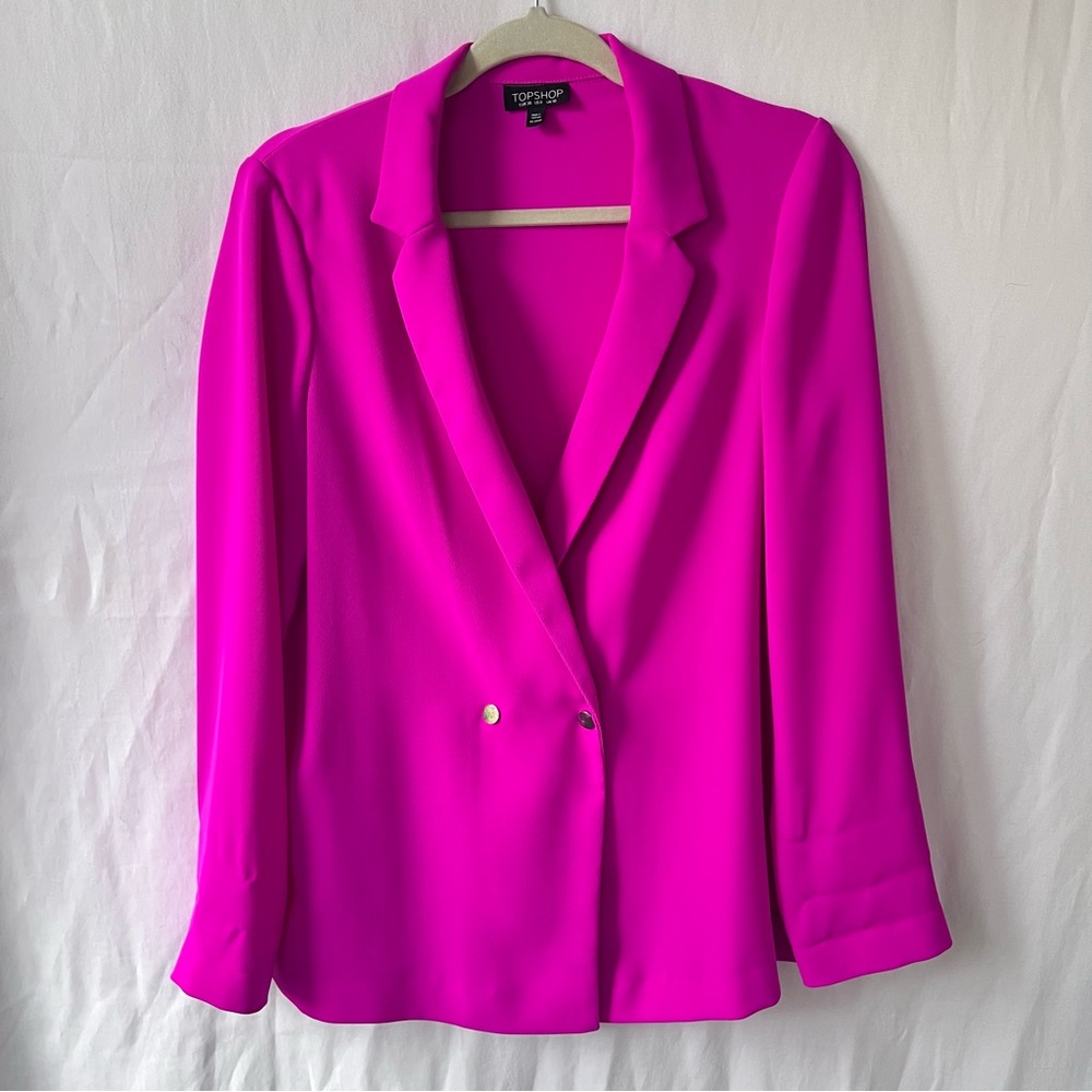 💗 Topshop Fuscia Pink Double-breasted Blazer with Gold Button Details Size US 6